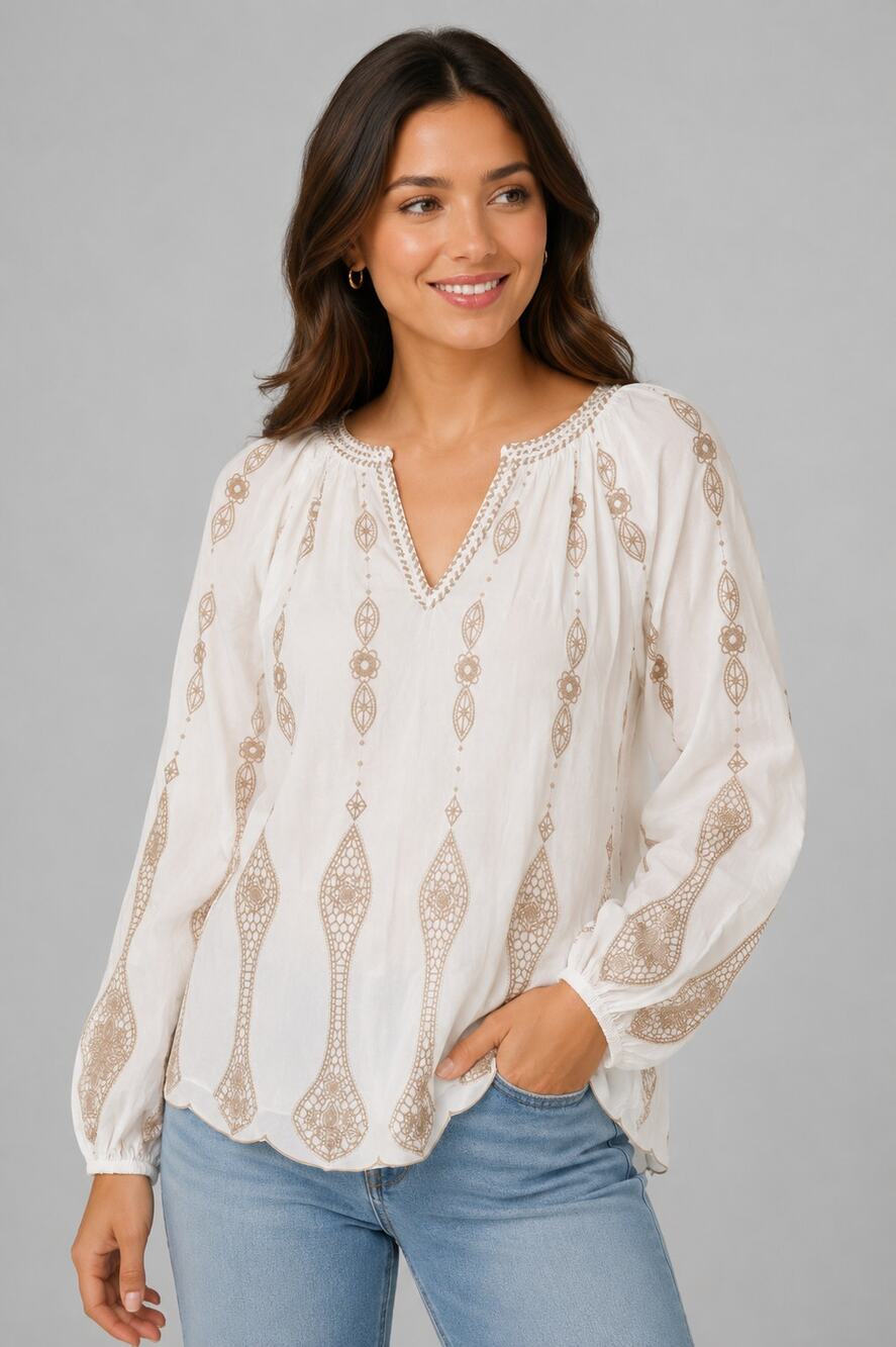 LOGO Lavish Lori Goldstein White Beige Embroidered Long Sleeve Boho 2X